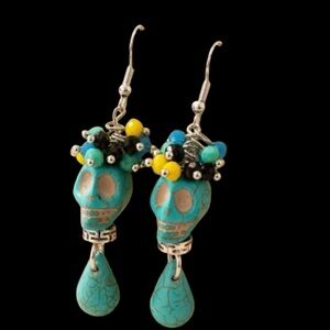 Teal Skull Pendant Drop Hook Earrings‎ Faux Fashion Jewelry